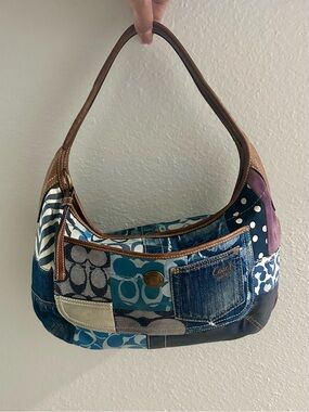Coach Patchwork Denim and Leather Hobo Bag - Blue/Brown